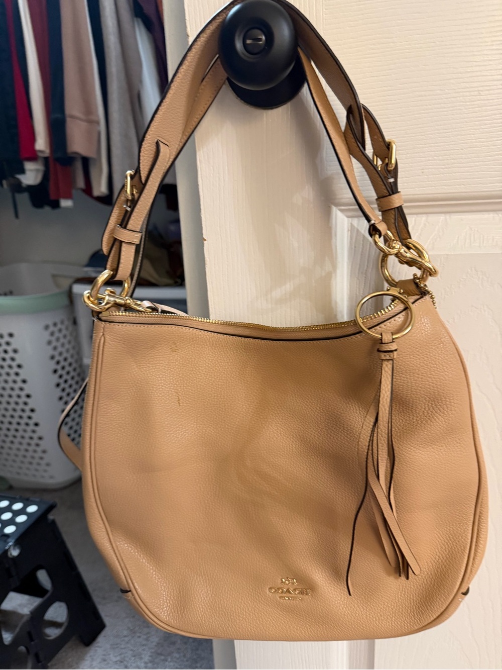 Coach Pebbled Leather Shoulder Hobo in Saddle Tan with Gold Hardware